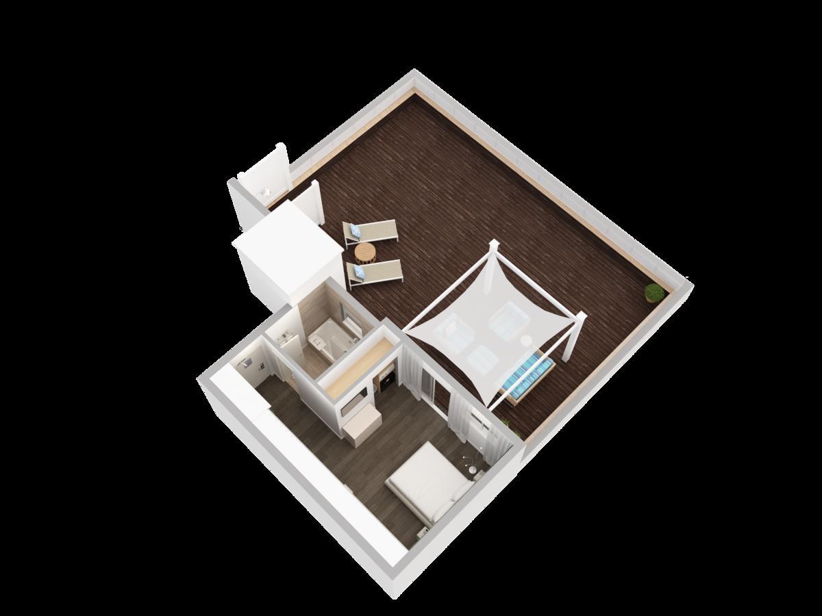 Zimmer mit Kingsize-Bett und Terrasse - am Meer
